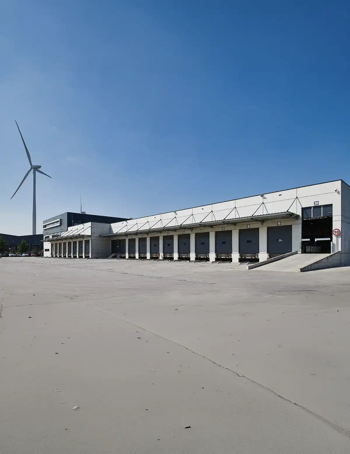 Bâtiment industriel blanc avec plusieurs quais de chargement et une éolienne à gauche sous un ciel bleu, Dandoy parallax 3.