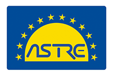 Logo bleu et jaune avec le mot astre stylisé en bleu sur fond jaune, entouré d'étoiles sur un fond bleu.